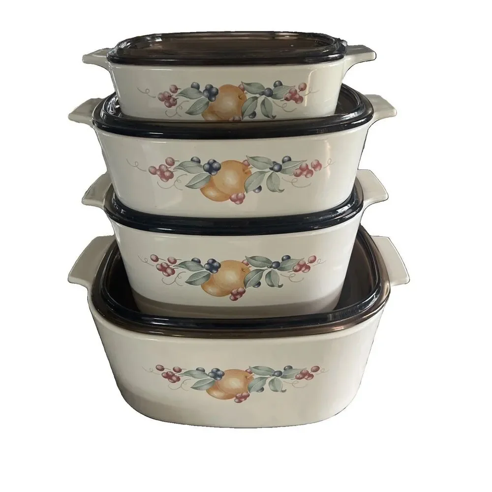 Vintage Corning Ware Abundance Pattern Casserole Set with Amber Lids (8 Pieces)